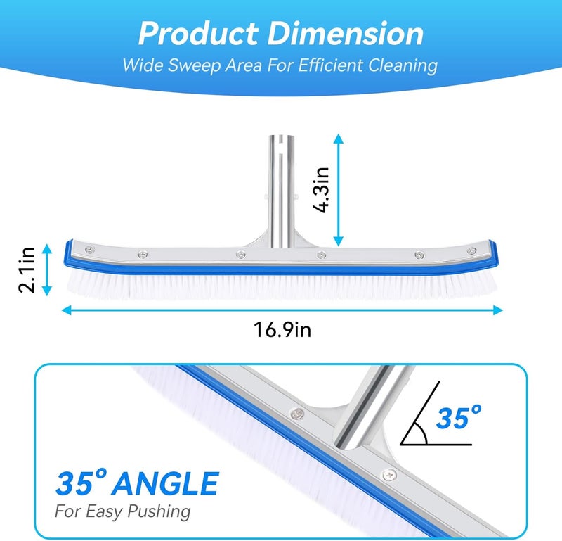 AQUAFLY 18'' Heavy Duty Swimming Pool Brush – Plastic Bristles, Curved Edge for Cleaning Walls, Tiles, Floors, Steps – Fits Inground & Above Ground Pools - Image 2